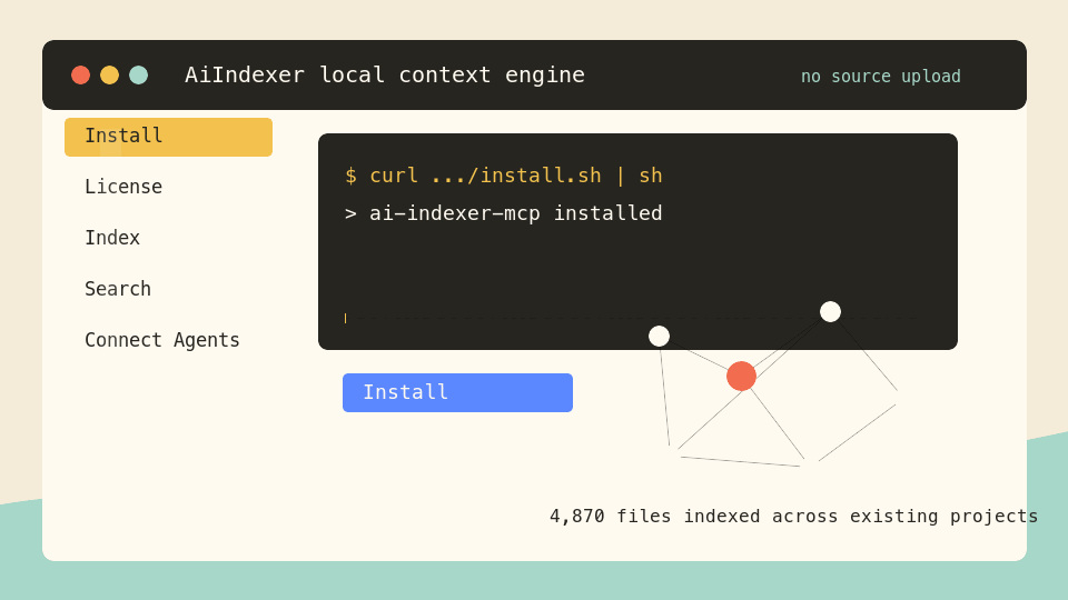 AiIndexer product demo showing install, license validation, indexing, search, and agent setup